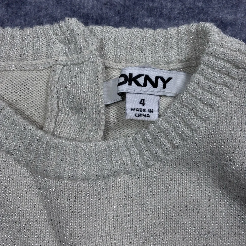 DKNY Girls Cream Tiered Knit Dress with Puff Sleeves - Picture 6 of 11